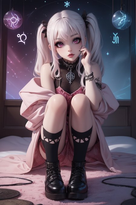 breathtaking full shot, full body, 1girl,  <lora:edgPastelGothFashionv1:0.45> edgPastelGoth, pink outfit, wearing edgPastelGoth <lora:snak3platf0rm:0.25> snak3platf0rm eyeliner5 EyeDetail HairDetail <lora:water-a-e-style-darquelilly-v1:0.7> waterastrologystyle <lora:egirlmakeup:0.35> egirlmakeup, masterpiece, award-winning, professional, highly detailed