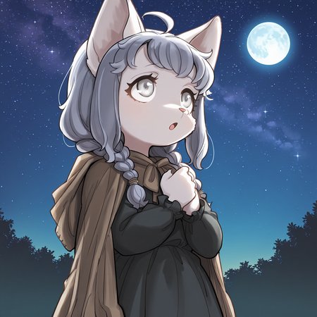 BREAK, <lora:Sheena_Falafel:1>, Sheena Falafel, Fuga: Melodies of Steel, kemono, furry female, young female, 1girl, cat girl, white fur, grey eyes, pastel blue hair, long hair, ahoge, bangs, sidelocks, animal ears, cat ears, animal nose, pink nose, Fuga 1 appearance, twin braids,
BREAK, Fuga 1 Outfit, claws, black dress, brown cloak,
BREAK, solo, half body, low angle view, hands together, hands on chest, looking up, curious, :o, outside, night, stars, moon,