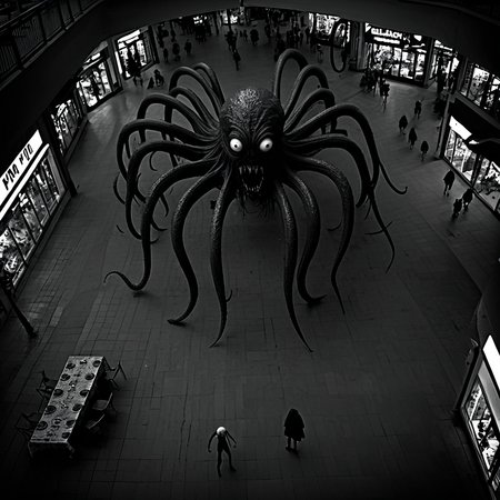 horrorcctvlora, public mall, horror (theme), monster, tentacles, monochrome, hiding tables, bird view