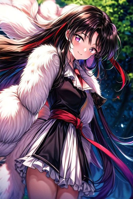 masterpiece,  best quality 1girl Setsun4 solo long hair,  (night time) forest background black hair very long hair purple eyes multicolored hair armor (fur trim) (medium body),<lora:EMS-179-EMS:0.800000>,<lora:EMS-293862-EMS:0.800000> bow, hair_bow, hair_tubes, red_bow, brown_hair, long_hair, bangs, sidelocks, ascot, brown_eyes, frilled_bow, yellow_ascot, blush, smile, hair_between_eyes, athletic