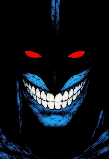 A terrifying close-up portrait in anime/horror graphic novel style: a blue-skinned undead knight with a cracked, angular helmet, glowing red eyes with black sclera, and an impossibly wide grin full of razor-sharp white teeth. The expression is frozen in a sadistic smile, with high-contrast comic-style shading and deep black lines. The background is dark, nearly black, and the character's face is lit in flat blue tones, adding a chilling, supernatural atmosphere. The eyes radiate dread, and vertical stress lines emphasize their unnatural focus. The image is stylized like a dark manga panel, highly detailed and screen-filling.