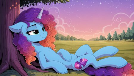 resolution, masterpiece, high resolution, (SOLO: 1.2) my little pony, friendship is magic, wild, detailed background,
farm sweet apple,pony <lora:Misty111:1> Misty Brightdawn  rebirth look, gradient hair, purple and orange hair  blue body unicorn,   eyes  green  , sits leaning back against a tree,