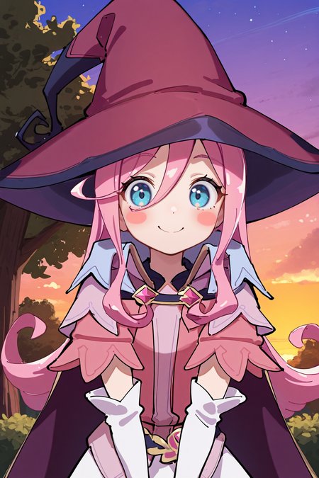 masterpiece, very aesthetic, absurdres, best quality, amazing quality, high resolution, <lora:illustrious_quality_modifiers_masterpieces_v1:0.8> , <lora:ChamIllustriousBackgroundEnhancer:0.5>,  solo, <lora:PamelaIL:0.9> , pamdef, 1girl, pink hair, long hair, blue eyes, witch hat, (witch outfit), white skirt,  white elbow gloves, cape, blush stickers, smile, looking at viewer, evening, trees, ((portrait)), straight-on