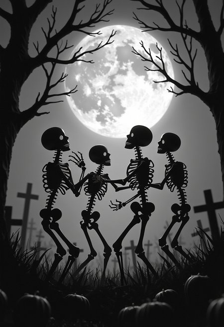 black and white vintage cartoon style, skeletal figures dancing in a moonlit graveyard, 1920s Halloween aesthetic, silhouetted skeletons with exaggerated movements, haunting yet playful animation, vintage illustration texture, stark contrasting shadows, skeletal characters with comical proportions, dark surreal background, etched line art style, early animation frame, monochromatic grayscale palette, expressive bone characters doing synchronized dance movements, eerie moonlight, vintage film grain effect, macabre yet whimsical illustration, Disney Silly Symphony inspired artistic rendering, skeletal figures casting long shadows, early 20th-century animation aesthetic