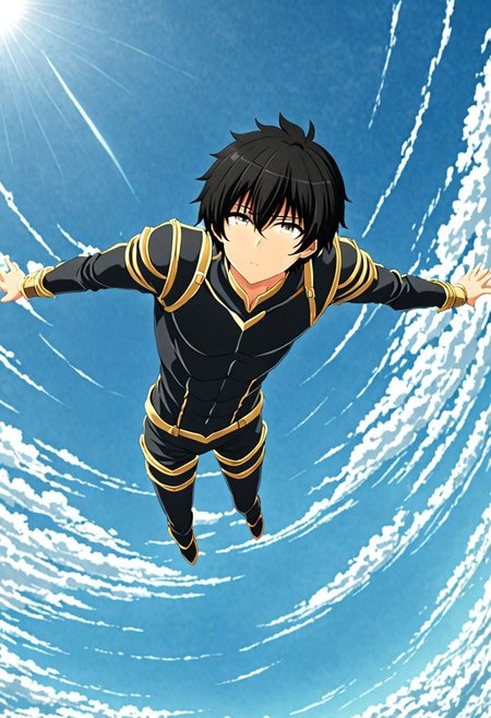 high resolution, solo, best quality, 1Boy, Seiya Kanie, black hair, short hair, thin, free fall, sky , OverallDetail