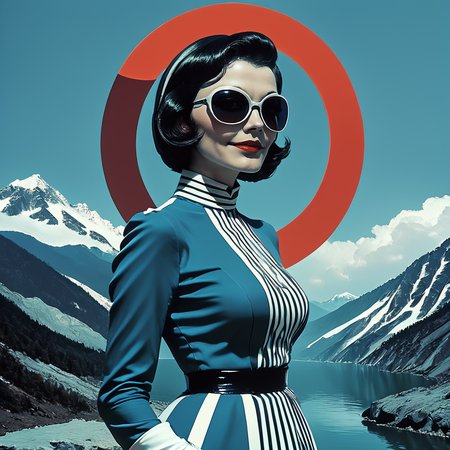 Score_9, score_8_up, score_7_up, score_6_up, BREAK  <lora:Abstract_Retro_Future_MoviePony:1> ArsMovieStill, Movie still from an abstract retro future movie, The image is a digital illustration of a man and a woman standing in front of a beautiful landscape with mountains in the background. The woman is on the left side of the image wearing a black and white striped dress and sunglasses. She has her hair styled in a sleek bob and is looking off to the side with a serious expression on her face. The man is standing on the right side also wearing a blue suit and sunglasses with his hands in his pockets. He is looking towards the horizon with a slight smile on his face. The background is a deep blue sky with a large red circle in the center which appears to be a sun or a moon. The mountains are covered in snow and there is a body of water in the foreground. The overall color scheme is predominantly blue and red with some hints of green and yellow. The image has a surreal and dreamlike quality to it., 1girl, 1boy, sunglasses, short hair, black hair, mountain, gloves, parody, breasts, mount fuji