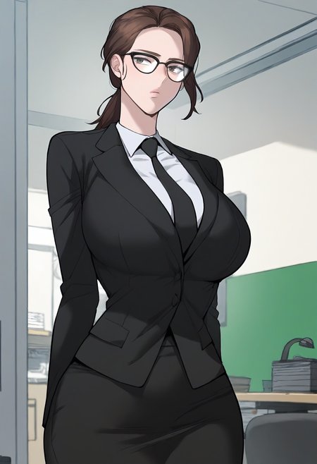 score_9, score_8_up, score_7_up, score_6_up, source_anime, rating_explicit, 1girl, (solo:1.1), huge breasts, <lora:Lee Saim prefectPonyxl:0.9> brown hair, ponytail, glasses, long hair, black-framed eyewear, grey eyes, brown eyes, office lady, black jacket, long sleeves, black necktie, white shirt, collared shirt, black skirt, pencil skirt, expressionless, office room, indoors, looking at viewer, standing