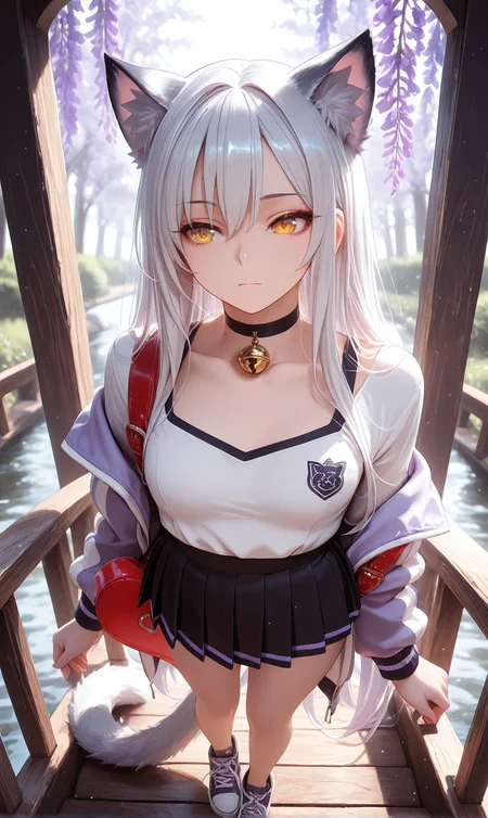 masterpiece,best quality,amazing quality,absurdres,catgirl, kemonomimi, mature woman, mid-20s, silver hair, waist-length hair, lavender undertones, golden eyes, slit pupils, ash-gray cat ears, medium cattail, pale skin, soft glow, confident expression, elegant, fantasy style,small breasts,no human ears, ears behind hair, visible choker with cat bell, BREAK, catgirl standing with back turned to camera, head slightly turned to the side, long silver hair flowing down her back, ash-gray cat ears peeking through, long fluffy tail in view, soft confident posture, mature body shape, small bust, golden eyes looking over shoulder, kemonomimi, elegant style
, BREAK, Pastel varsity jacket over a pleated mini skirt, with high-top sneakers and a heart-shaped backpack slipping off one shoulder.
 <lora:cfg_scale_boost:1> <lora:add_detail:1>  Peaceful riverside with weeping willow trees and a wooden bridge, :|,