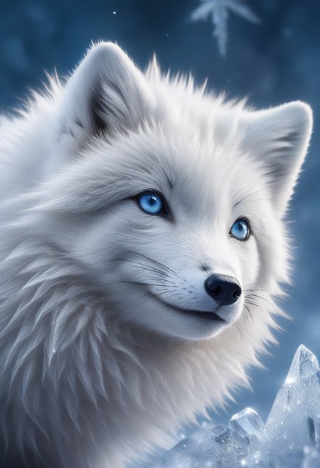 A close-up of a majestic Arctic fox with thick, fluffy fur, its nose delicately touching a glimmering snowflake as it falls from the sky, capturing the reflection of icy blue light in its curious eyes, soft focus on the fur, highly detailed textures of the snowflake, cinematic lighting.