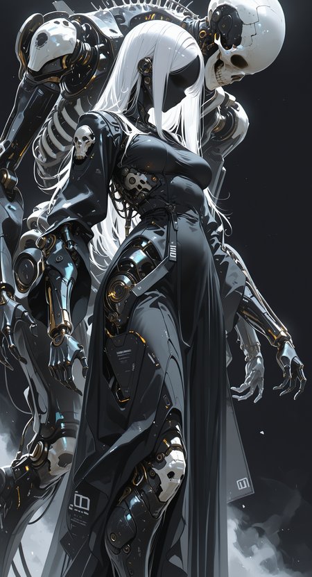 masterpiece, best quality, good quality, very awa, newest, highres, absurdres, 1girl, solo, long hair, dress, medium breasts, white hair, black dress, feet out of frame, robot, faceless, science fiction, skull, long dress, joints, mechanical arms, no eyes, cyborg, skeleton, robot joints, faceless female, mechanical parts, mechanical legs,
dynamic pose,
, limited palette, h4ra_illu <lora:illustriousXL_stabilizer_v1.23:0.3> <lora:NOOB_vp1_detailer_by_volnovik_v1:0.3> <lora:ponyv6_noobE11_2_adamW-000017:0.3> <lora:114558v4df2fsdf5:0.6> <lora:XXX667:0.4> <lora:-_iLL_-_the_edgy_mech_V2.0-:0.8>