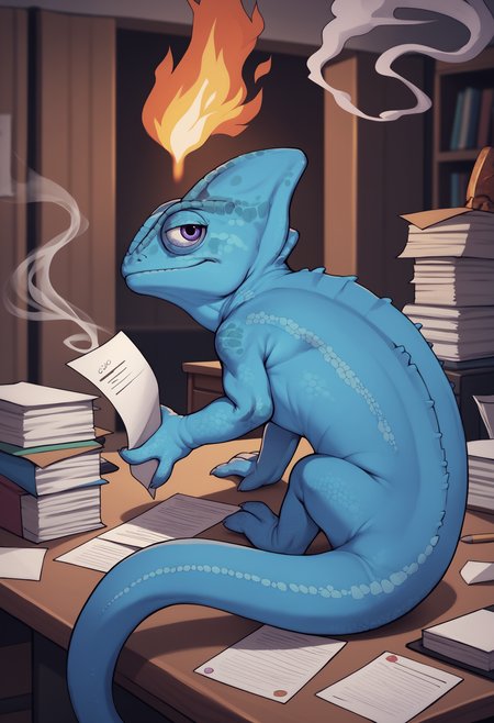 score_9,score_7_up,  <lora:ChamChameleonPonyXL:1>, Chameleon, lizard, feral, back spikes, indoors, office, blue scales, on desk, paper stack, ((fire, smoke)),from side, light smile,