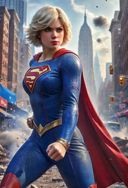 (masterpiece), 
powergirl-8100,
blonde, wearing spcc costume with cape,
cute face,
fullbody,
HDR, highly detailed, 32k, amazing quality,
New York background, ultra detailed, , smoke, dust Particles,stylized by Hans Zatzk, vibrant Ray,