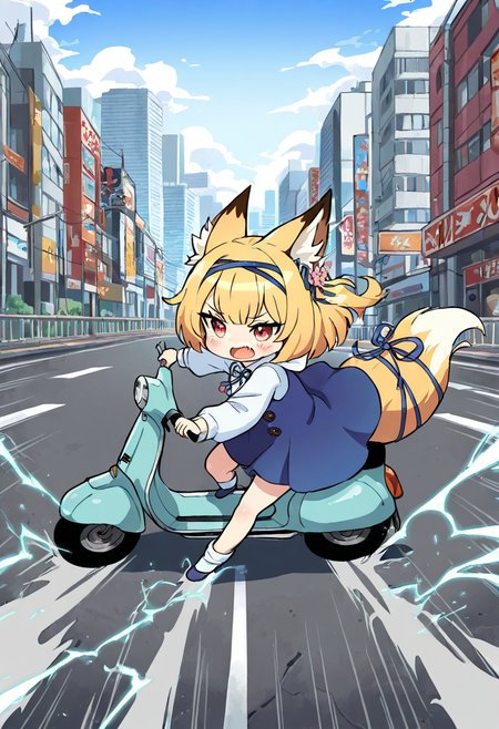 <lora:Koume_VR_Chat_Illustrious:0.9>, 1girl, animal ears, blonde hair,  hairband, white shirt, fang, animal ear fluff, blue dress, blue hairband, bangs, koume, chibi, masterpiece, best quality, solo, fox ears down, fox tail, red eyes, 
akira_slide, ground vehicle, scooter, on scooter, road, city, electricity, speed lines, <lora:akira_slideILL:0.9>, wind <lora:add-detail-xl:1>, misc