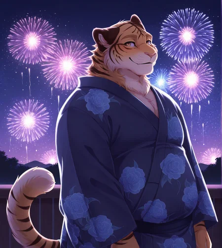 (solo), anthro, furry, male, male focus, solo, junTA, chubby, looking at viewer, smile, night, fireworks, yukata, colorful, 
BREAK masterpiece, best quality, amazing quality, very aesthetic, high resolution, ultra-detailed, absurd res, newest, scenery, <lora:JunTA:0.8>