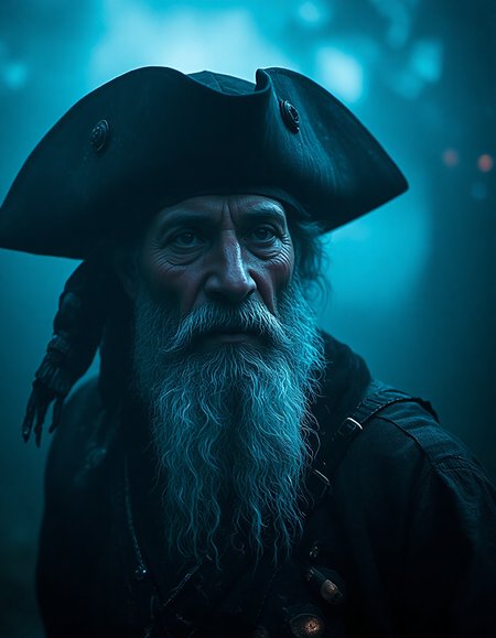 photo of old pirate man, beard, fog, dark atmosphere, night, close up, cinematic shot, hard shadows, Fujifilm XT3