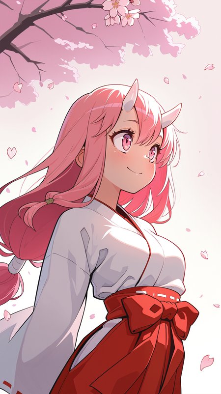 masterpiece, best quality, amazing quality, girl,  <lora:Crestyle_Illu_epoch_15:0.8>, Crestyle, dynamic pose, arms at her side, low-tied long hair, pink hair, white oni horns, pink eyes, miko, red hakama, sakura, cherry blossoms, falling petals, upper body, happy, cute, solo,