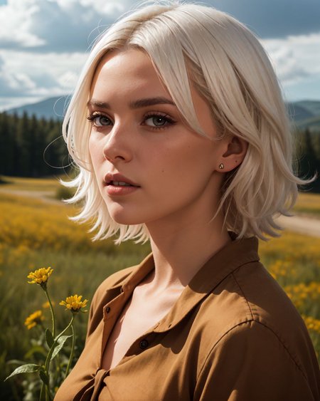 (Extreme close-up:1.4), (Sn0frid_v1, white hair:1.3),  medium bosom, (style of Dorothea Lange) rugged frontier homestead woman, 1800s Montana, linen blouse, long skirt, apron, practical sturdy boots, earthy tones, natural fibers, rustic charm, sepia-toned aesthetic, arid golden prairie, wooden cabin, wildflowers, cracked soil, farm tools, weathered textures, sun-dappled lighting, determined expression, confident pose, wind-tousled hair, (dramatic clouds:1.2), vast open landscape, vintage authenticity, pioneering spirit ,