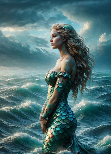 An elegant ais-trnshd mermaid gazing out at a stormy ocean <lora:ais-trnshd-sdxl:1>