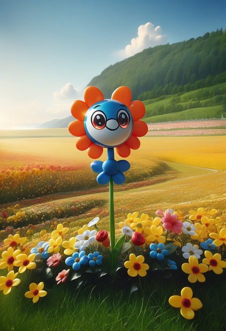 score_9, score_8_up, masterpiece, extremely detailed, best quality, highres, Latex, googly eyes, humming bird, flower field, scenery
