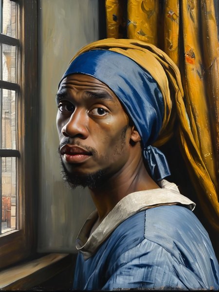 masterpiece,best quality,<lora:tbh122-sdxl:0.9>,portrait of man,oil painting,style of Jan Vermeer,black people