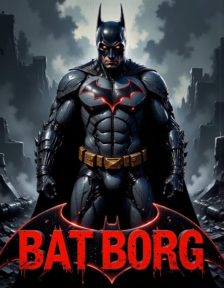Dark Fantasy Art, Movie poster of a hybrid fallen superhero between batman and cyborg, "The BatBorg"
(A split art style image featuring The Batman immortal on one half and Cyborg on the other, forming a stark contrast between angry and the peace. The image is in high definition,with detailed features of both the angry and the the peace,sharp focus,and vibrant:1.5)
Batman is half animatronic with exposed electronics
(The bat symbol appears transparent through the big red title in DC comics style at the bottom:1.2). cowboy shot, (in semi-flexed forward position, ready for the fight:1.3)
A highly detailed portrait of Batman Under the rain,
(dead body on floor, very heavy rain, full body shot, very angry:1)
its black silhouette standing out against the dark, armored fabric of his suit. The utility belt around his waist is detailed with various pouches and gadgets, meticulously rendered to showcase its functionality. The background is a gradient of dark grays and red,
dark, moody, dark fantasy style
<lora:dark-comic:0.8> d4rkc0mic <lora:Midjourney_-_SemiReal_Dreams_FLUX_LoRA:0.5> <lora:aidmaImageUpgrader:0.6> <lora:TextimproverV0.4:1> <lora:Half-Robot_Cyberpunk_Lora_for_Flux:0.8> Robot, Cyborg, Half-Robot