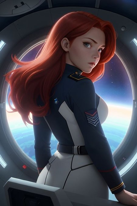 space ship observation deck, large window, in space, earthlike planet in sunlight in background, single woman front center, red hair, looking into the distance, navy uniform, uniform with white trim, back light, rim light