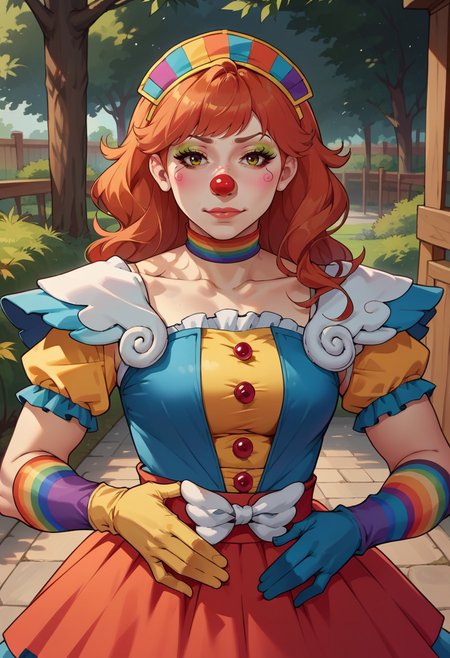 absurdres,high quality,score_9, score_8_up, score_7_up, score_6_up, score_5_up, score_4_up, BREAK source_anime, <lora:edgClussyPonyv1:1> wearing edgClussy, red clown nose  clothing aside