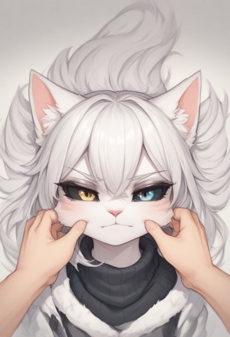 score_9, score_8_up, score_8, unimpressed, cat, cheek pinching, pov hands, cheek pinching, pov hands, kitten, cat, tail, Black Sweater, knee boots, colored sclera, white hair, long hair, heterochromia, black sclera