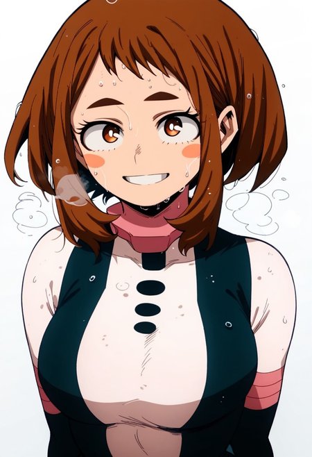 flatshinyskin, score_9, score_8_up, score_7_up , 1girl, 1girl, mosaic censoring, smile, slight seductive pose,, medium breasts, sweating, breasts,, long skirt, 1girl, solo focus, Upper body, hands behind back,  wet, sweaty, sweating, steam
ochako_uraraka, 1girl, score_9, score_8_up, score_7_up, brown hair, brown eyes, white pupil, blush stickers, bodysuit, simple background, solo focus, perfect body, curvey, thick waist, thick body, skin tight dress, , front view, front focus, looking at viewer, seductive expression, smile, teeth,  ANIMESTYLE