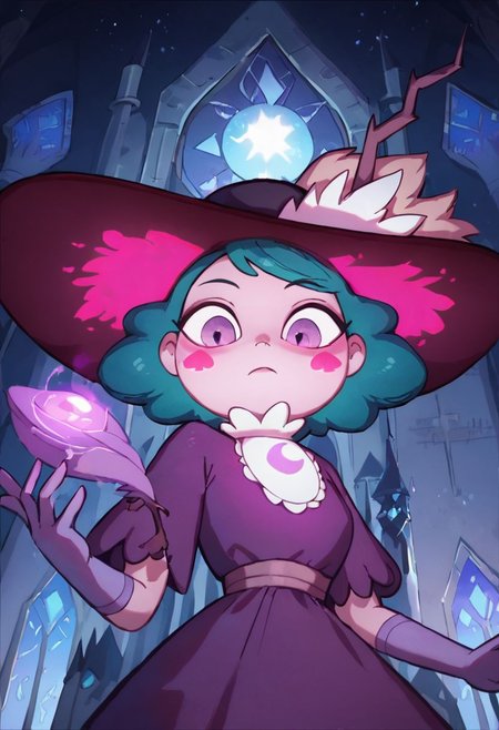 score_9, score_8_up, score_8, Eclipsa Butterfly, green hair, short hair, purple eyes, dark red sun hat with feathers and branch, white cravat, purple dress, light purple gloves, 
upper body, closed mouth, in castle, vivid colors, glowing red spade blush stickers, looking down, from below, night,
