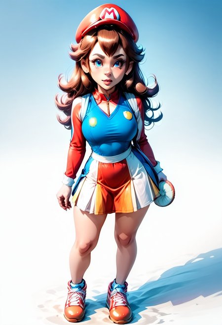 <lora:MtF_Genderswap:1>, genderswap \(mtf\), Mario, facing forward, adult woman, extremely large nose, extremely bulbous nose, very wide face, circular head shape, wide chin, wide jawline, brown hair, lightly curly hair, blue eyes, average bust, wide hips, red and blue clothes, tennis uniform, two-tone skirt, fully clothed, zPDXL, score_9, score_8_up, score_7_up, score_6_up, score_5_up, score_4_up,
full body render, full body, photorealistic image, realistic image, high quality, detailed face, realistic human proportions, detailed clothes, even lighting, no aura, no glow,