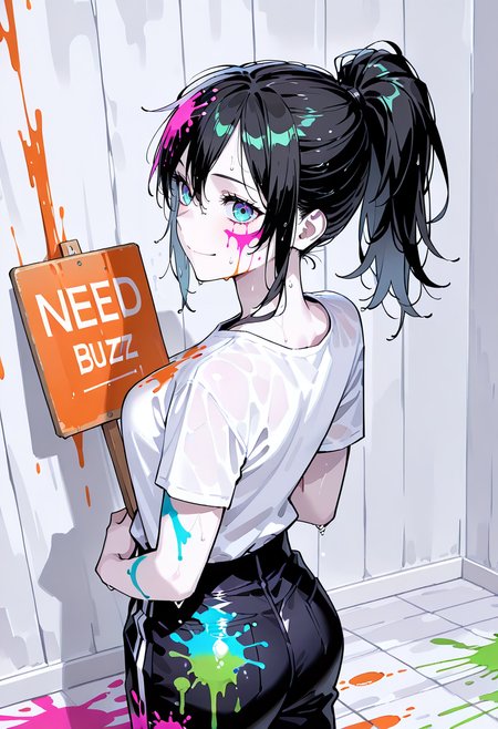 score_9, score_8_up, score_7_up, ultra details, high details, absurdres, masterpiece, best quality, 2k, 4k, very aesthetic, source_anime, rating_explicit, 1girl E3r6ic2ae2xs3s, solo, BREAK,
simple_background, (light_background:1.1), light_grey_background, darkness, colorful, (paint_splatter:1.2), BREAK,
(red_paint_splatter:1.25), (paint_splatter_on_hair:1.2), BREAK,
(blue_paint_splatter:1.25), paint_splatter_on_face, BREAK, 
(blue_paint_splatter:1.25), paint_splatter_on_body, BREAK, 
(green_paint_splatter:1.5), paint_splatter_on_arms, BREAK, 
(orange_paint_splatter:1.75), paint_splatter_on_clothes, BREAK,
(pink_paint_splatter:1.75), paint_splatter_on_floor, BREAK,
(red_paint_splatter:1), paint_splatter_on_wall, BREAK,
(turquoise_paint_splatter:1.25), BREAK,
(pink_paint_splatter:1.75), BREAK,
(pale_skin:1.5), (white_skin:1.5), BREAK, BREAK,
medium_hair, (black_hair), high_ponytail_hair, BREAK,
(light_blue_eyes), high detailed eyes, detailed eyes, eyesHD, high gradient eyes, dark beauty, BREAK,
medium_breasts, white_shirt, black_pants, BREAK,
smile, (crazy:1.25), holding_sign, ((text "Need Buzz!")), ((sign "Need Buzz!")), ((text_sign "Need Buzz!")), text_focus, BREAK,
from_behind, looking_at_viewer, close-up, face_focus, facing_away, dutch_angle, BREAK,
<lora:WaifuEyesIllustriousV1.0:1>, <lora:DarkerThanBlackIllustrious:1>, <lora:illustrious_quality_modifiers_masterpieces_v1:1>, <lora:add-detail-xl:1>, heavy_rain, wet, <lora:Rain (Illustrious) v1:1>, <lora:dark_beauty:0.5>,