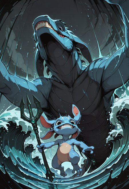 embedding:IllusP0s, codex sss chroma, dynamic angle, low angle view, from below, wide shot,
BREAK
(1boy, fizz, yordle, amphibian, blue skin, holding one trident, mischievous grin, jumping in foreground:1.2)
BREAK
a giant prehistoric shark, megalodon, animalistic, scarred grey hide, soulless black eyes, rows of serrated teeth, jaws wide open in a roar, emerging from the depths behind fizz, no arms, no legs, summoning, magic, water splash, waves, sea surface, foam, ocean, water
BREAK
stormy sky, dark clouds, dramatic shadows, motion blur, school of fish fleeing, sunken ship in background
