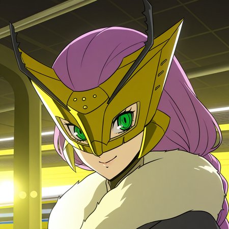 highres, best quality, masterpiece, very aesthetic, newest,1girl,solo,queenbeemon,antenna,purple hair,braided ponytail,hair ornament,green eyes, <lora:QueenBeemonIllustrious:1>,  cropped,portrait,indoors,smile,persona 5 anime screencap,HDR,DLSR,bokeh,train station,train,closed smile