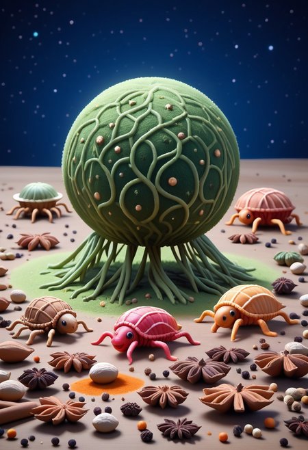 A highly detailed, vibrant strange creature made of herbs floating in space, Herbs_Morf, strange little creatures