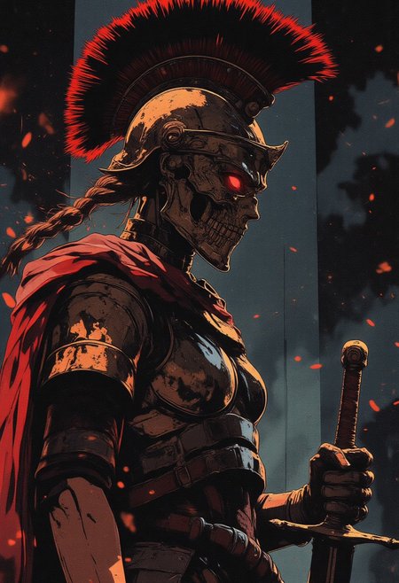 Female Roman soldier, skull face mask, in profile, toned arms, braided hair, battle damaged armor, breasts, breast plate, dark and moody background, adds a dramatic tone, subtle lighting reflections, ray traced, foreshortening, Holding a sword,