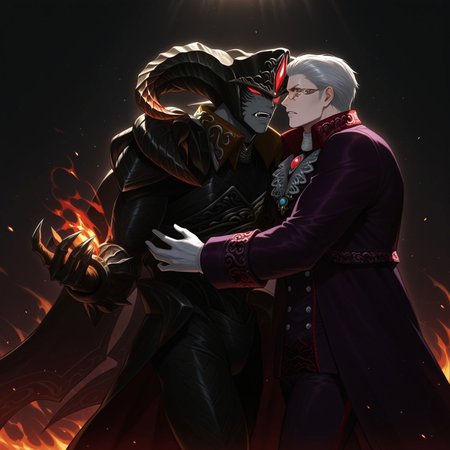((2boys)), 1boy, 1monster, action pose, fighting, monster behind, fire, glow, red aura, posing, cinematic lighting, luminous background
BREAK, ((Sparda, white hair, short hair, grey eyes, monocle,purple coat, brooch, white gloves, pants,))
BREAK, ((TrueSparda, Devil Trigger, monster form, monster, demon, horns, grey skin, red eyes, fangs, clawed hands, black armor,))