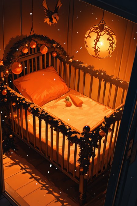 realistic shading, dim lighting, orange theme, bird, dacrib, christmas-crib focus, dacrib_christmas ornaments, no humans, carrot, indoors, dark environment, doorway, snowing outdoors, dutch angle, dynamic angle, intricately detailed illustration, masterpiece, best quality, amazing quality, very aesthetic, absurdres, newest
