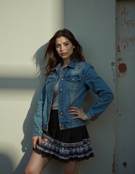 Light caustics,Kodak UltraMax 400,(masterpiece best quality ultra-detailed best shadow amazing realistic picture),Citadel,pray hand on hip,dressed in a denim jacket with patches and a tiered ruffle skirt,Blue black,helicopter hair,a Surprising woman