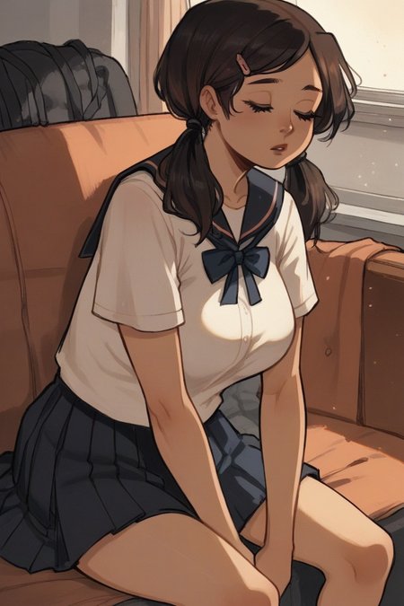 score_9, score_8_up, score_7_up, score_6_up, source anime,  1girl,  black hair,brown hair, twintails, hairclip,  closed eyes, long eyelashes,  parted lips,  large breasts,  school uniform,   skirt, bare legs,  sitting, sofa, <lora:Test\anteikusama\anteikusama_v01.safetensors:0.9:0.9> <lora:Styles\CamonomeV2.safetensors:1:1>