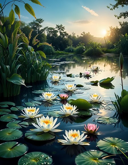 A highly detailed and realistic photograph of a serene lily pond surrounded by lush greenery. The calm water reflects the soft sunlight filtering through the overhanging trees. The surface is adorned with vibrant green lily pads, some with delicate pink and white water lilies in full bloom. A few dragonflies hover above the water, their wings catching the light. Gentle ripples create subtle distortions in the reflection of the sky and foliage. In the background, a dense array of reeds and aquatic plants frame the pond, adding depth and texture. The soft golden glow suggests late afternoon or early evening, enhancing the tranquil and picturesque atmosphere. The composition is balanced, drawing the viewerâs eye toward the natural beauty of the water lilies and their intricate details.
 <lora:SDXLFaeTastic2400:0.4> <lora:extremely_detailed:0.4> extremely detailed,<lora:lily_p0nd:1>,lily p0nd, Masterpiece,best quality,hi res,8k,hi res,8k,award winning,(sharp focus, intricate, highly detailed),