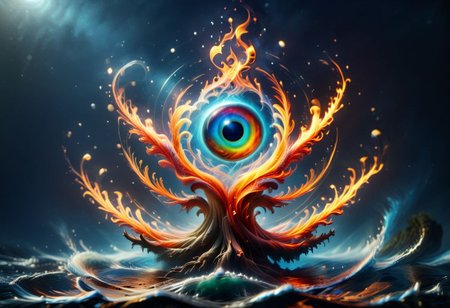Harmonious fusion of elements, earth air fire earth and ether combined in a pentagonal shape in seamless integration, earth grounding and stable, water flowing and fluid, air swirling and free, fire vibrant and warm, united in perfect balance, elements intertwining gracefully, serene and dynamic, vibrant flames, coexistence of contrasts, nature's optimal quality, synergy of forces, essence of unity, balanced natural forces, peaceful coexistence, elemental harmony, timeless and eternal, highly detailed, masterpiece, 32k, UHD quality, pentangle, all of this inside the big cyclopic eye