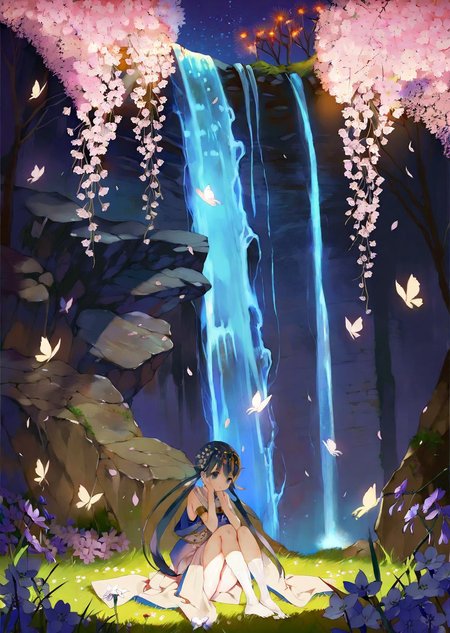 by umaiyo puyoman ,  by yogisya
  1girl  
extremely beautiful detailed piercing eyes,
a girl immersed in a magical garden at twilight. She stands beside a luminous waterfall, cherry blossoms gently falling around her. The soft glow of fireflies and the distant twinkle of stars add an enchanting ambiance to this serene and otherworldly scene
 masterpiece, best quality, high quality, highres, absurdres, very detailed, high resolution, sharp, sharp image, 8k, vivid, colorful, stunning, anime