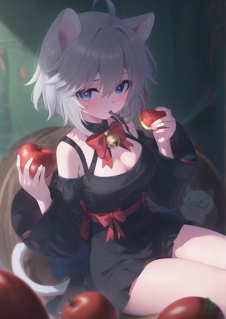 1girl, yukihime ringo, by kodoto, animal ears, apple, bell, black bow, black dress, blue eyes, bow, breasts, cat ears, cat tail, cleavage, dress, food, fruit, grey hair, holding, holding food, holding fruit, jingle bell, red bow, red ribbon, ribbon, short hair, sitting, small breasts, solo, tail, <lora:SushiSpin:1>