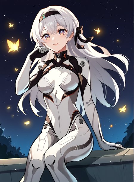 score_9, score_8_up, score_7_up, score_6_up, score_5_up, score_4_up , source_anime, anime screencap,  <lora:Fifefly_-_26710_Honkai_Star_Rail:0.8>fireflypilotsuit, silver hair,solo, long hair, bodysuit, medium breasts, hairband, white bodysuit, bangs, plugsuit, black hairband, smile, night sky, starry sky, sitting, wind_blowing