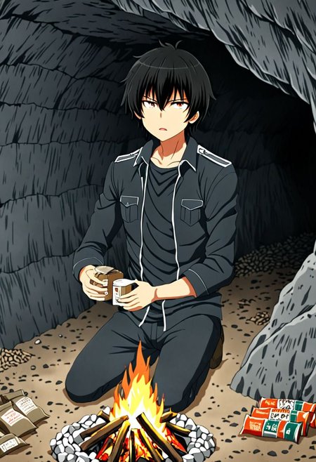 high resolution, solo, best quality, 1Boy, Seiya Kanie, black hair, short hair, thin, cave, bunker, field Ration, bonfire, OverallDetail