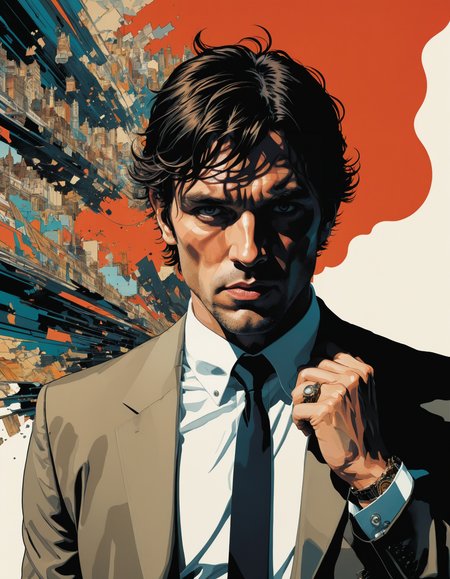 by Paul Pope and Hugo Boss,  (sad , striking , masterful:1.4), poster art, bold lines, hyper detailed, expressive,  award winning,  (scenery:1.4), (intricate details, masterpiece, best quality:1.4),
cinematic lighting , looking at viewer, dynamic pose, wide angle view,
<lora:add-detail-xl:1> <lora:xl_more_art-full_v1:0.5> <lora:looking_at_viewer:2>