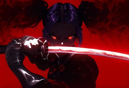 1girl, jill stingray, twintails, dark purple hair, red eye, ringed eyes, cold stare, killing intent, hkwarrior, focus on face, movie wide profile shot, holding katana towards viewer, low guard sword parry stance, holding sword, (foreshortening:1,2), long curved blade, one hand on blade of katana, red string tied to hilt blowing in wind, glowing orange earrings, dark red and black low tech cyber armor, greaves, sweat, hair wet with blood, blood drip from blade, sts-foreshortening-v2,
BREAK 
best quality, masterpiece,dun composition, intricate, dense, silhouette, on roof of a tall corporate building, cityscape, bokeh, dark night, night sky, high contrast, detailed face, sharp focus on face, red theme, black simple background,