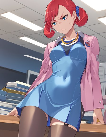 score_9,  score_8_up, score_7_up, <lora:dsc-nokia-pony-V05-000003:1:lbw=0,0,0,0,0,0,1,1,0,0,0,0> dsc-nokia, red hair, blue dress, pink jacket, grey thighhighs, <lora:YasudaSuzuhito_pony_v1:0.8> ysdszht
1girl, cowboy shot, annoyed, office