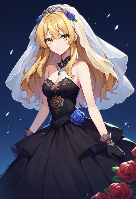 score_9, score_8, score_7, source_anime, wedding dress, 1girl, solo, looking at viewer, gloves, bare shoulders, bridal veil, rose, long hair, blonde hair, yellow eyes